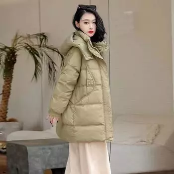 Женская куртка-пуховик с капюшоном средней и длинной длины 2024 года, утолщенная повседневная куртка в стиле ретро в этническом стиле S зеленые хаки