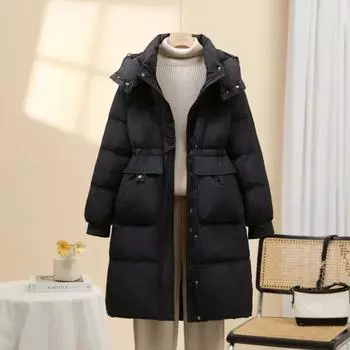 Женская куртка-пуховик с капюшоном, средняя и длинная, 2024, новая мода, тонкая талия, белое зимнее пальто на утином пуху, прилив S