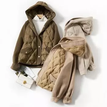 Женская куртка-пуховик с капюшоном temperament 2024 зима свободная двусторонняя шерстяная куртка-пуховик M армия зеленый