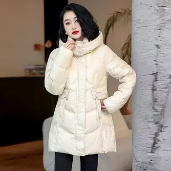 Женская куртка-пуховик с карманом на талии, кружевная, средняя и длинная, зимняя, 2024, теплая, белая куртка на утином пуху с капюшоном S size 90-52.5 kg белый