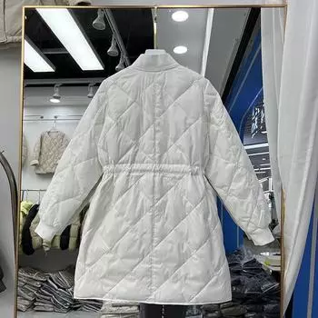 Женская куртка-пуховик с воротником-стойкой и ромбом, средняя и длинная, зима 2024, новая куртка на шнуровке с литературной легкой талией S хаки