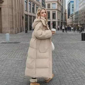 Женская куртка-пуховик средней длины, выше колена, новый корейский стиль 2024 года, модная, утолщенная зимняя куртка с хлопковой подкладкой S хаки