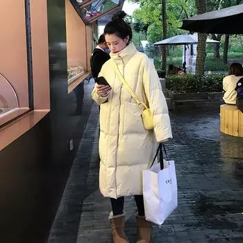 Женская куртка-пуховик средней и длинной длины с воротником-стойкой, зимняя, 2024, однотонная, с большим карманом, утолщенная, белая, теплая куртка на утином пуху S