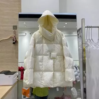 Женская куртка-пуховик средней и длинной длины, женская зимняя новая модная свободная куртка с капюшоном из белого утиного пуха S recommends within 62.5 kg