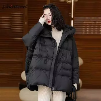 Женская куртка-пуховик свободного покроя оверсайз, верхняя одежда на осень-зиму с капюшоном, теплое винтажное пальто из белого утиного пуха one size кофейный