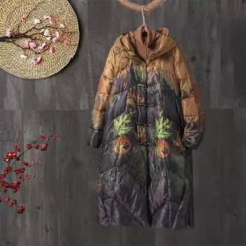 Женская куртка-пуховик в китайском стиле 2024 года, средняя и длинная выше колена, с ретро-принтом, с капюшоном, большого размера, белая утиная пуховая M