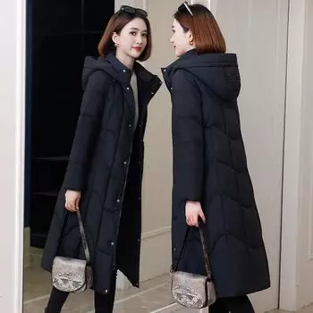 Женская куртка-пуховик выше колена 2023: Новое свободное, универсальное, теплое, толстое пальто с приталенным кроем XL чёрный