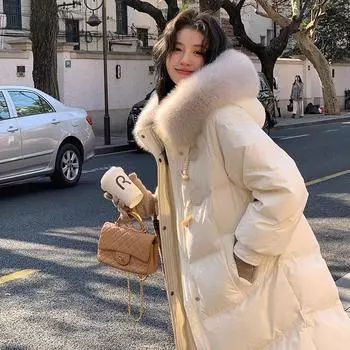 Женская куртка-пуховик Женская зимняя новинка 2024 года из утолщенного утиного пуха средней и длинной длины с модным большим меховым воротником, теплый верх для женщин S 85-57.5kg