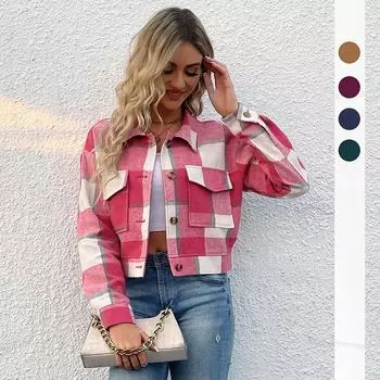 Женская куртка-рубашка-кардиган в клетку осень 2024 года — европейский и американский ретро-стиль M темно-синий