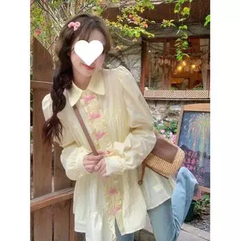 Женская куртка-рубашка с рукавами-фонариками - Новая коллекция Весна и Осень 2025, свободный топ средней длины S 38-48 kg