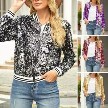 Женская куртка с блестками и длинными рукавами и воротником-стойкой в полоску, свободная застежка-молния, эластичные манжеты, пальто ведущего для выступления на сцене XL фиолетовый