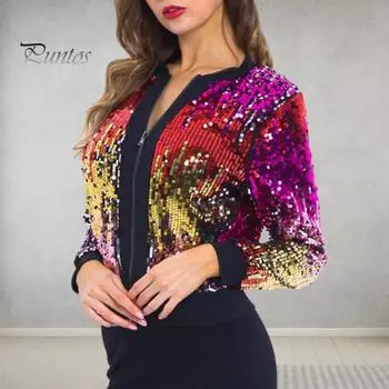 Женская куртка с блестящими пайетками на молнии с v-образным вырезом и длинными рукавами градиентного цвета кардиган мягкое клубное женское короткое пальто для вечеринок S разноцветный