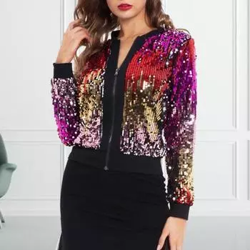 Женская куртка с блестящими пайетками на молнии с v-образным вырезом и длинными рукавами градиентного цвета кардиган мягкое клубное женское короткое пальто для вечеринок S разноцветный
