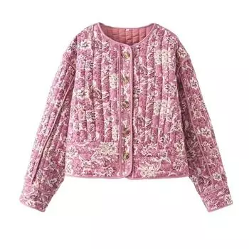 Женская куртка с цветочным принтом, модная, с длинным рукавом, винтажная, осень-зима, теплые пальто, повседневное, коммуна, с круглым вырезом, шикарное стеганое пальто S розовый