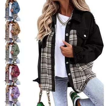 Женская куртка с длинным рукавом Джинсовая куртка Рубашка в клетку на пуговицах Куртка Топ XXL белый