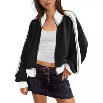 Женская куртка с длинным рукавом на молнии, толстовка, повседневная верхняя одежда, пальто с карманами M чёрный