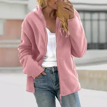 Женская куртка с длинным рукавом на молнии, толстовка, повседневная верхняя одежда, пальто с карманами M розовый