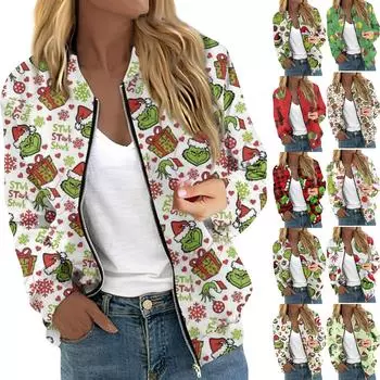 Женская куртка с длинным рукавом на молнии с рождественским принтом, повседневная стеганая куртка с карманами XXL
