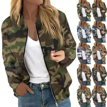 Женская куртка с длинным рукавом на молнии с камуфляжным принтом, повседневная стеганая куртка с карманами L армия зеленый