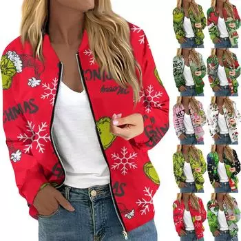 Женская куртка с длинным рукавом на молнии с рождественским принтом, повседневная стеганая куртка с карманами S