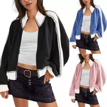 Женская куртка с длинным рукавом на молнии, толстовка, повседневная верхняя одежда, пальто с карманами M чёрный