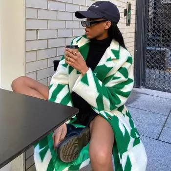 Женская куртка с длинными рукавами и лацканами с цветными блоками, твидовое пальто с принтом S зелёный/белый