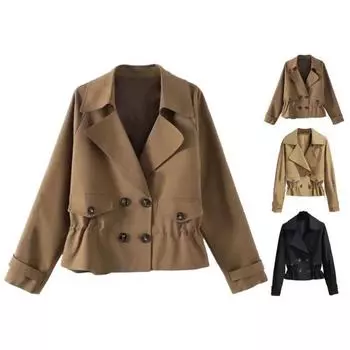 Женская куртка с длинными рукавами и воротником с лацканами, двубортный эластичный пояс с карманом, сплошной цвет, повседневное короткое женское пальто, верхняя одежда