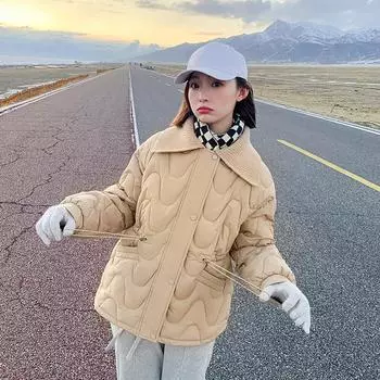 Женская куртка с длинными рукавами и воротником. Зимняя новая короткая вязаная куртка с лацканами 2023 года. M хаки