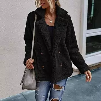 Женская куртка с длинными рукавами, зимнее плюшевое пальто с лацканами и двойной пуговицей S зелёный