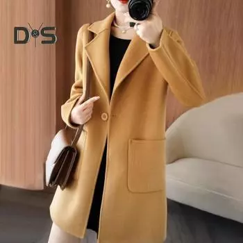 Женская куртка с двойными карманами, лацканами, однотонное шерстяное пальто на одной пуговице, большой размер, свободное, теплое, с длинными рукавами, для поездок на работу, свиданий, весна, осень, зима L кофейный