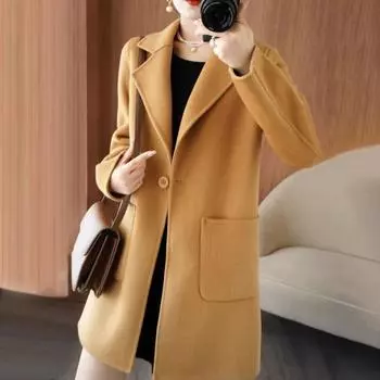 Женская куртка с двойными карманами, лацканами, однотонное шерстяное пальто на одной пуговице, большой размер, свободное, теплое, с длинными рукавами, для поездок на работу, свиданий, весна, осень, зима L чёрный