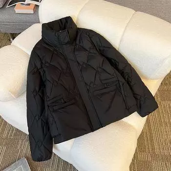 Женская куртка с хлопковой подкладкой, новинка 2024 года, короткая, с воротником-стойкой, универсальная модная версия, повседневная, теплая, с хлопковой подкладкой M чёрный