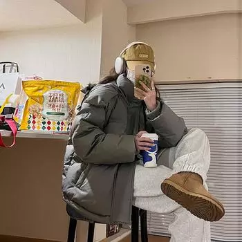 Женская куртка с капюшоном 2024 года, зимняя мода, дизайн, чувство любви, теплая, маленькая, для пары, куртка для хлеба, прилив S серый