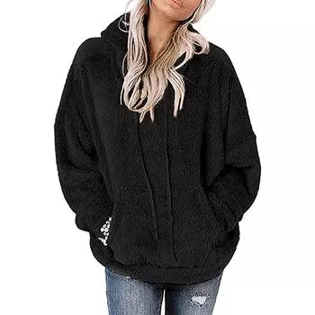 Женская куртка с капюшоном и длинным рукавом, однотонный карманный повседневный свободный плюшевый свитер L чёрный