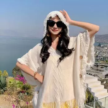 Женская куртка с капюшоном и кисточками в стиле бохо-этнического стиля, вязаный шарф с кардиганом и пуловером на осень и зиму 70 * 70cm белый