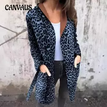 Женская куртка с капюшоном и леопардовым принтом на весну и осень, кардиган, длинный тренчкот с поясом S хаки