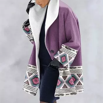 Женская куртка с капюшоном из плотной шерстяной ткани с этническим принтом, ветровка, кардиган S фиолетовый