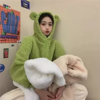 Женская куртка с капюшоном из шерсти ягненка с милыми медвежьими ушками - пушистый кардиган осень/зима XL белый