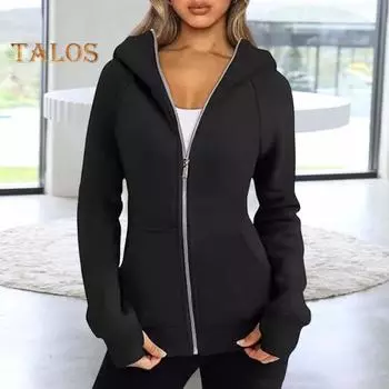 Женская куртка с капюшоном, однотонная, на плюшевой подкладке, застежка-молния с карманами, эластичные манжеты и подол, длинные рукава, кардиган, повседневное пальто M армия зеленый