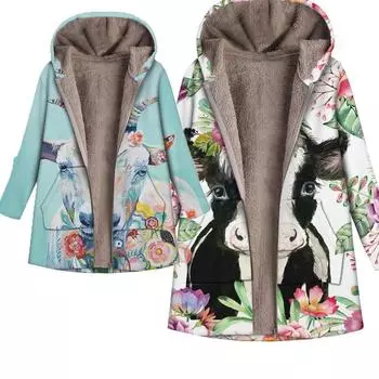 Женская куртка с капюшоном с цветочным принтом и животными на осень-зиму, винтажное пальто большого размера с теплым стеганым принтом, женские парки S синий/зелёный