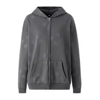 Женская куртка с капюшоном с длинным рукавом, свободного покроя, со звездным узором, винтажная уличная одежда на молнии
