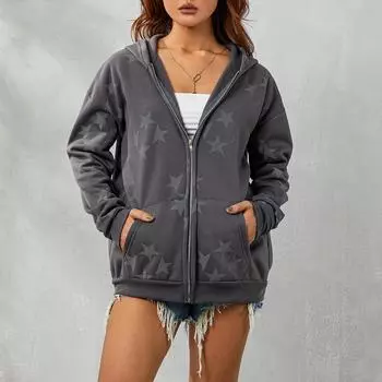 Женская куртка с капюшоном с длинным рукавом, свободного покроя, со звездным узором, винтажная уличная одежда на молнии S темно-серого
