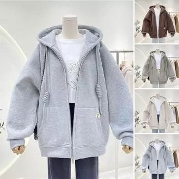 Женская куртка с капюшоном, теплая, толстая, с большим карманом, однотонная, на молнии, с длинными рукавами, свободное женское повседневное пальто большого размера 2XL светло-серый