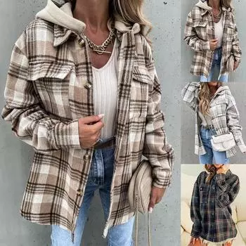 Женская куртка с капюшоном в клетку в клетку, женский зимний клетчатый кардиган, рубашка, пальто