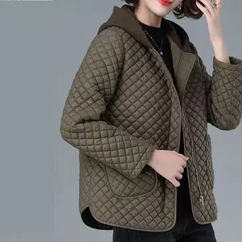 Женская куртка с капюшоном в ромбовидную клетку, зимняя теплая куртка на молнии, короткая облегающая куртка, плюшевая свободная куртка XXXL