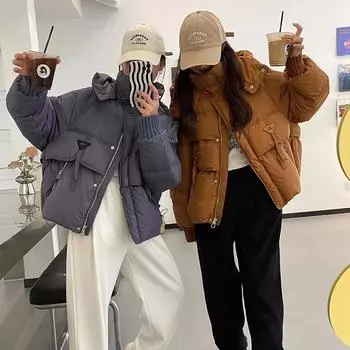 Женская куртка с капюшоном, зима 2024, новая модная, сладкая, вязаная, теплая, с треугольниками, тонкая, хлебная одежда, прилив One Size слоновая кость