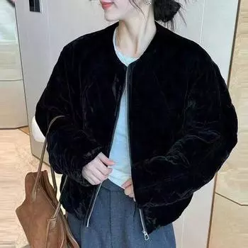 Женская куртка с круглым вырезом из золотого бархата с хлопковой набивкой, новая универсальная маленькая короткая ромбовидная куртка, зима 2025 M чёрный