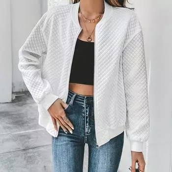 Женская куртка с круглым вырезом, однотонная, на молнии, пальто свободного покроя, короткая S белый