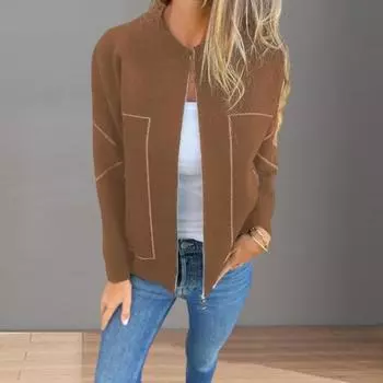 Женская куртка с круглым вырезом, однотонная, с длинными рукавами, на молнии, бейсбольное пальто, свободный кардиган, повседневная S чёрный