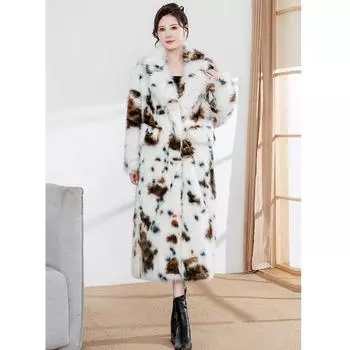 Женская куртка с леопардовым принтом из искусственного меха, длинное пальто из лисьего меха, свободный модный плащ с набивным пуховым поясом S